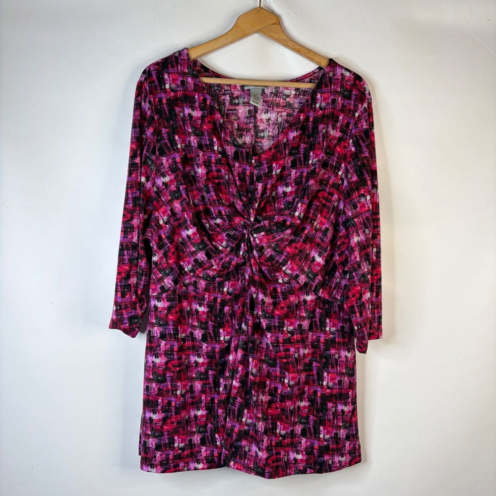 Catherines Tunic Top Women 2X Pink Purple Abstract Twist Front 3/4 Sleeve